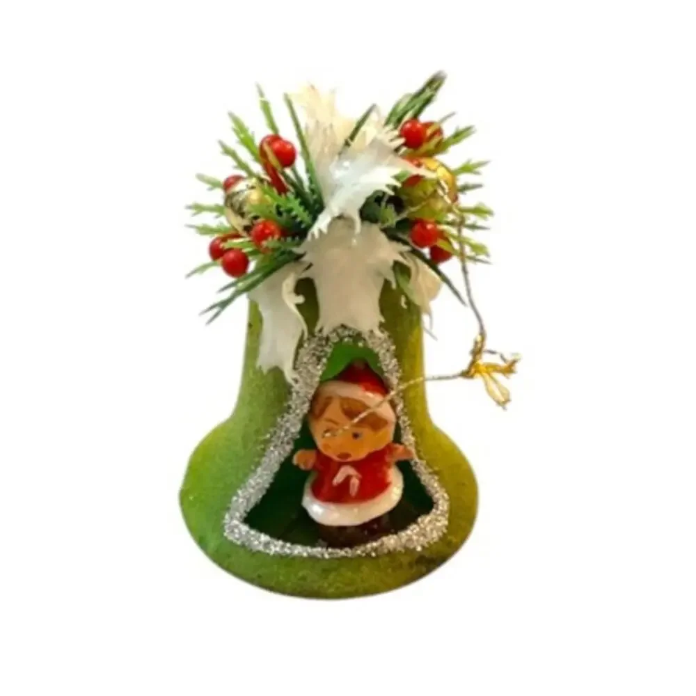 Vintage Hong Kong Flocked Bell Christmas Ornaments Angel Child Diorama Pair 60s
